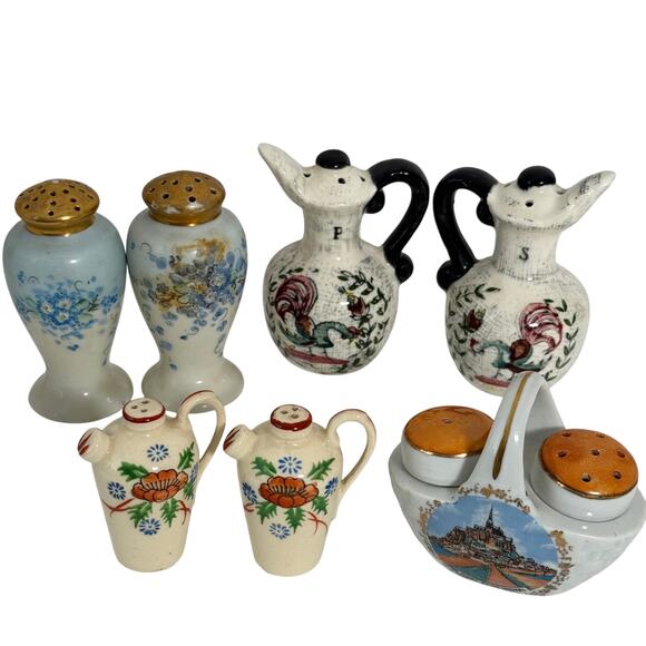 Vintage 4 Sets Salt & Pepper Shaker Ceramic Urn Basket Jugs Floral Mont Michel - Picture 1 of 8